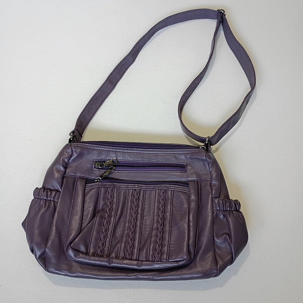 ELDA Womenโs Plum Purple Crossbody Bag Adjustable Strap Faux Leather Zippers